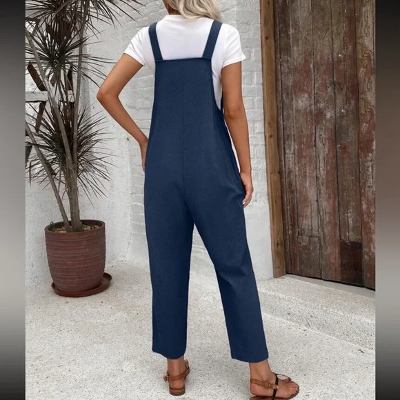 Women's Blue Linen Overalls - Picture 2 of 8